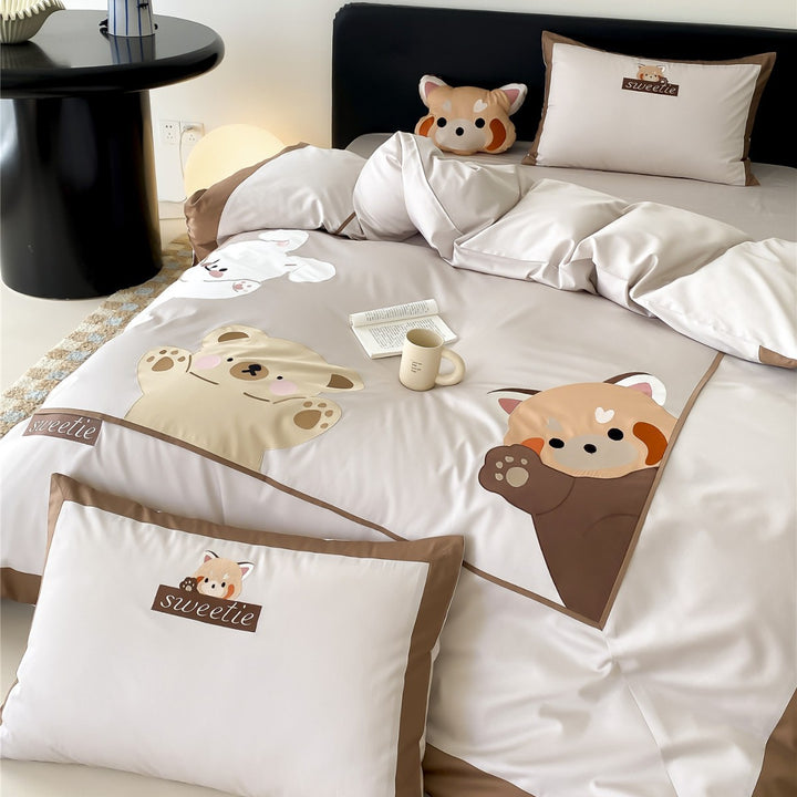 Sateen Cotton Duvet Cover Set with Cute Animal Appliqué