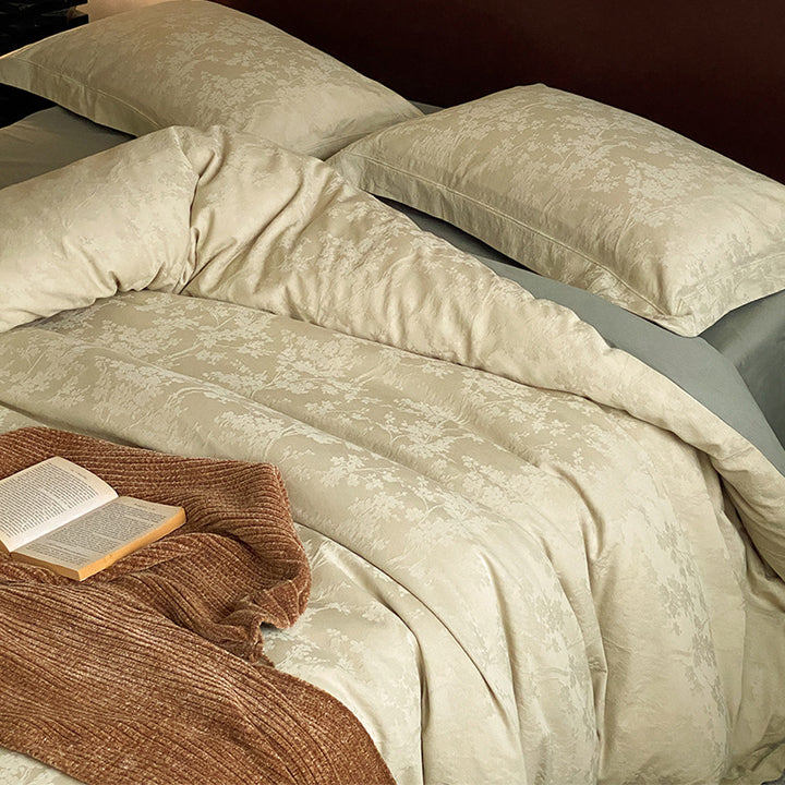 Reversible Jacquard Cotton-Sateen Duvet Cover Set with Floral Damask Texture