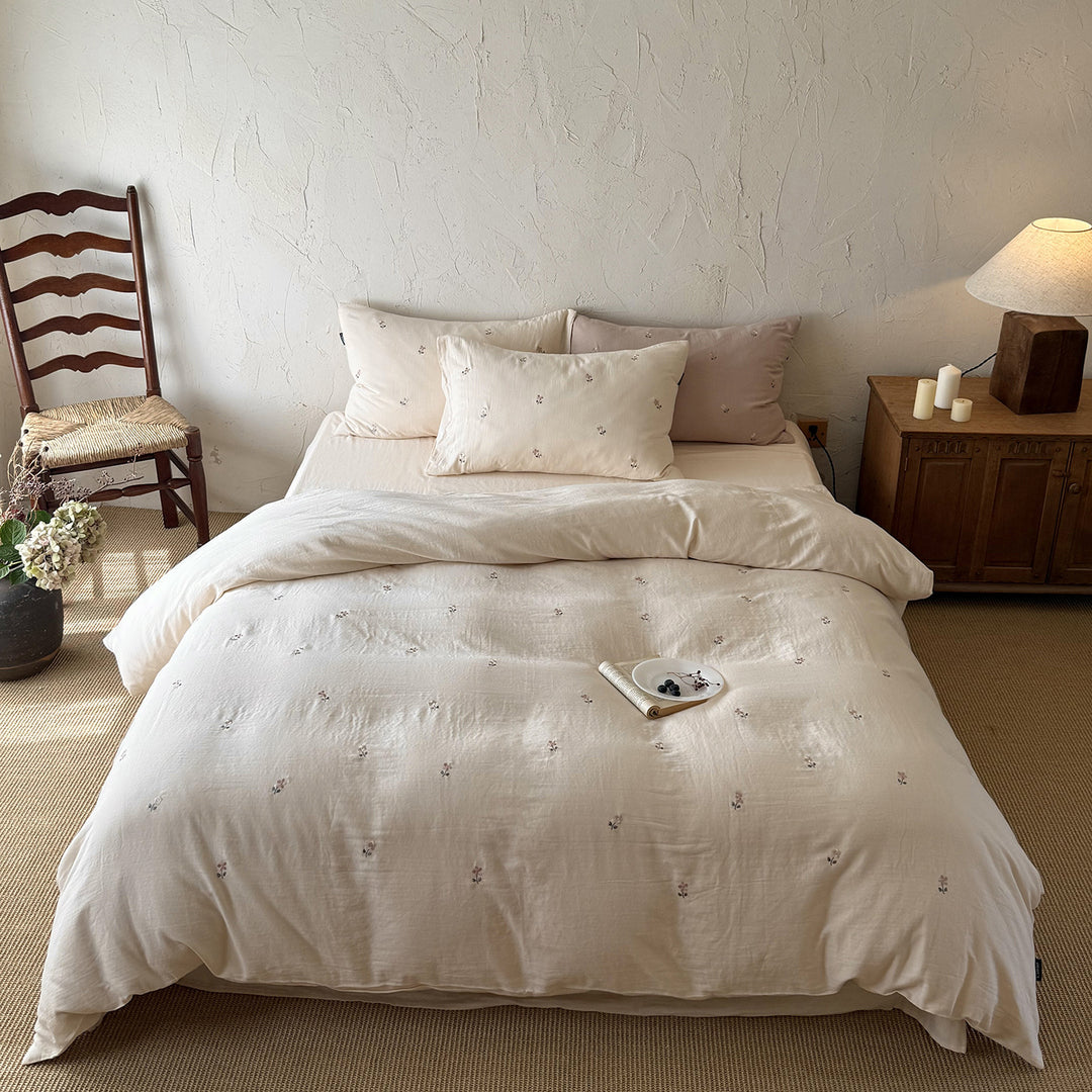 Washed Cotton-Linen Embroidered Floral Duvet Cover Set