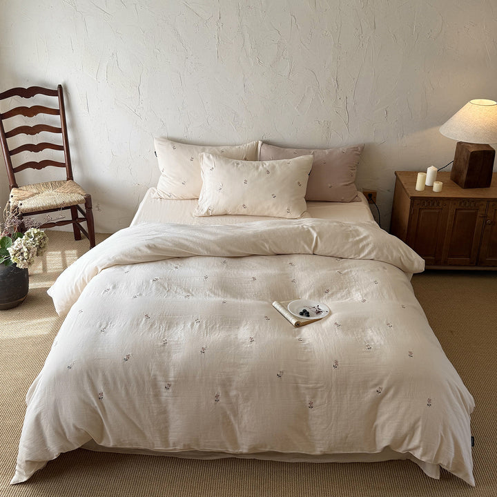 Washed Cotton-Linen Embroidered Floral Duvet Cover Set