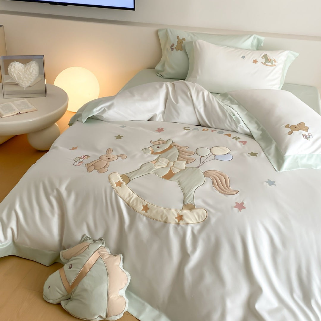 Children's Embroidered Cotton Sateen Duvet Cover Set with Rocking Pony Motif