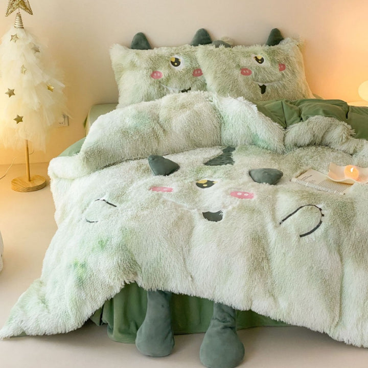 Plush bedding set with 3D monster appliqués and soft fleece