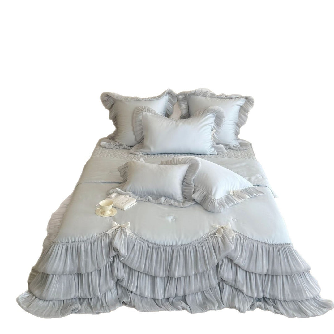 Romantic Ruffled Bedding Set with Quilted Bedspread and Decorative Pillowcases