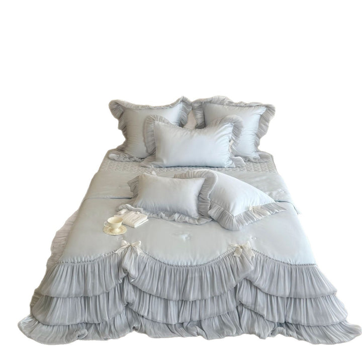 Romantic Ruffled Bedding Set with Quilted Bedspread and Decorative Pillowcases