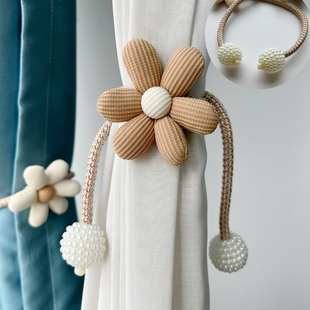 Beaded Magnetic Curtain Tieback with Fabric Flower Accent