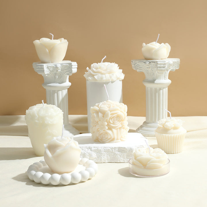 Decorative Rose-Shaped Soy Wax Candle with Beaded Tray