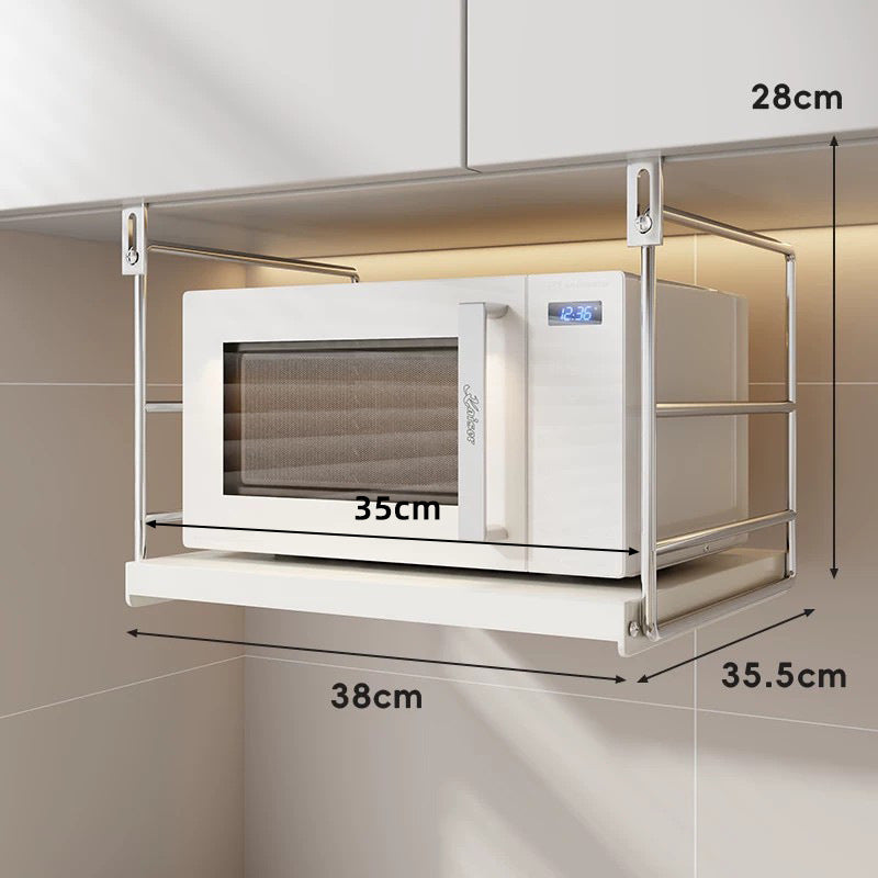 Under-Cabinet Stainless Steel Microwave Shelf with Sliding Tray and Adjustable Hooks