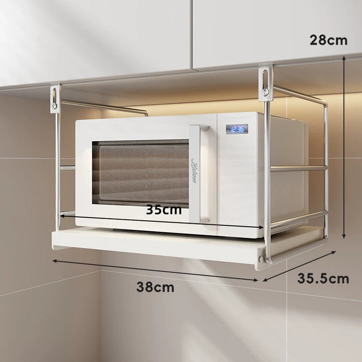 Under-Cabinet Stainless Steel Microwave Shelf with Sliding Tray and Adjustable Hooks