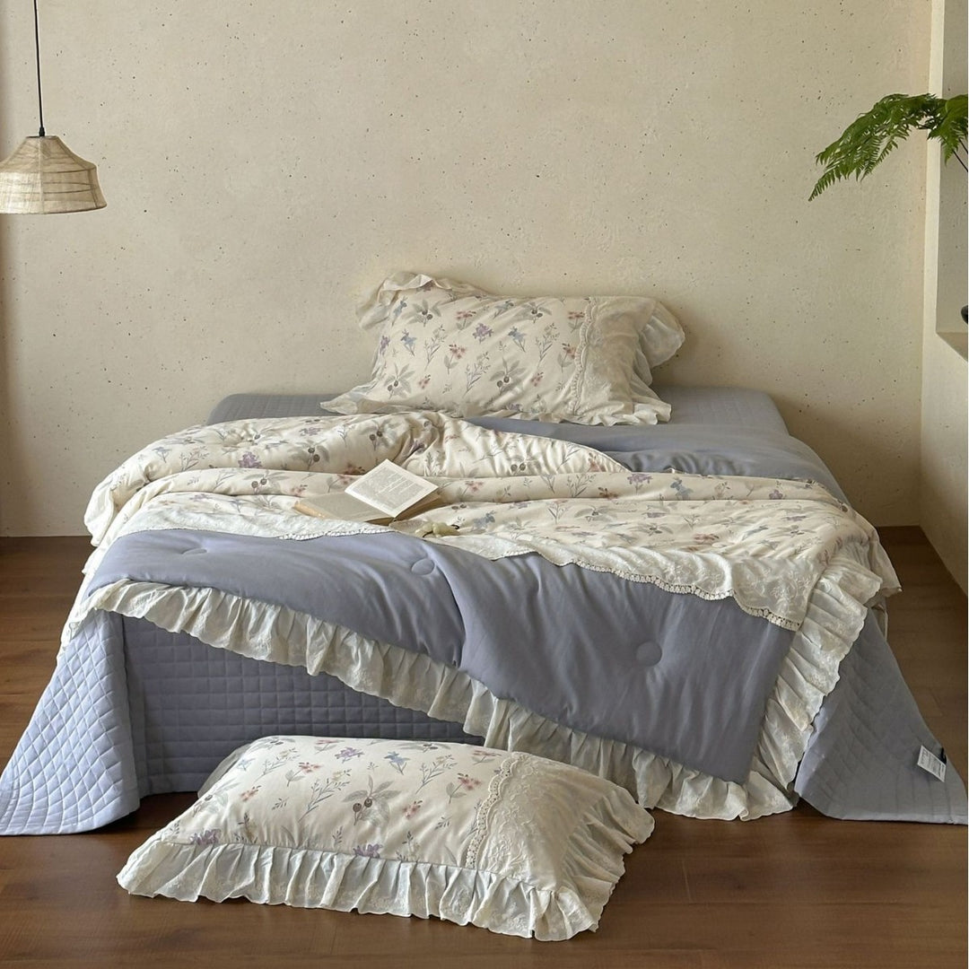 Floral Ruffled Cotton Duvet Cover and Pillowcase Bedding Set