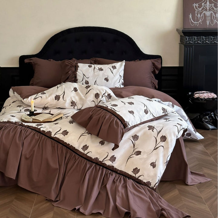 Romantic bedspread and pillow set with rose watercolor, ruffle, and satin trim