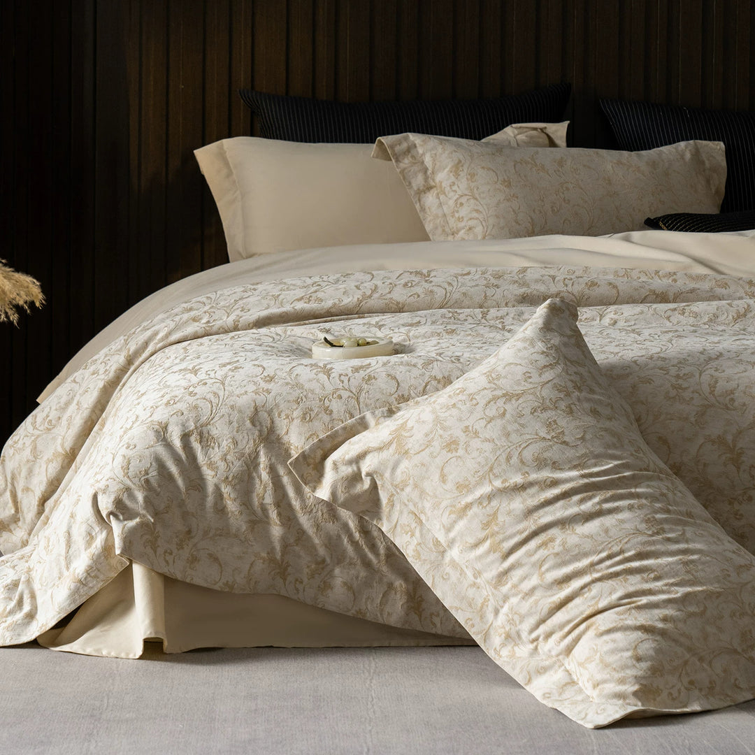Luxury Cotton Sateen Reversible Duvet Cover Set with Scrolled Jacquard Print and Tailored Hem