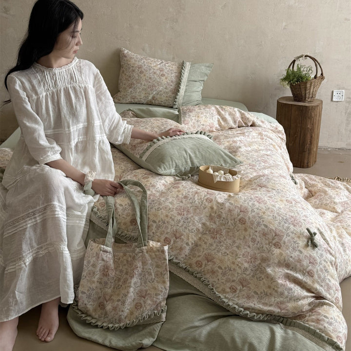Vintage-Inspired Botanical Cotton-Linen Quilted Duvet Cover Set with Crochet Lace Edge & Velvet Accent Shams