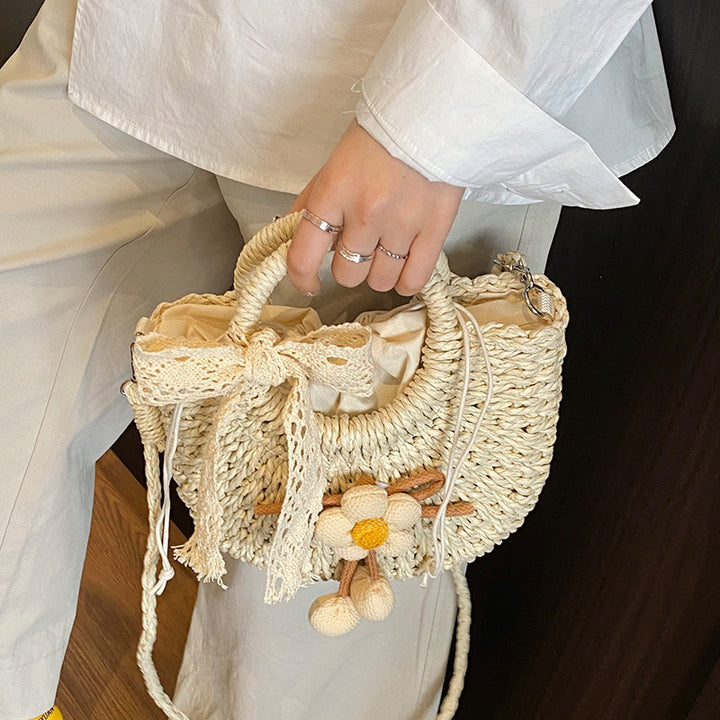 Handcrafted Floral Accent Straw Tote Bag
