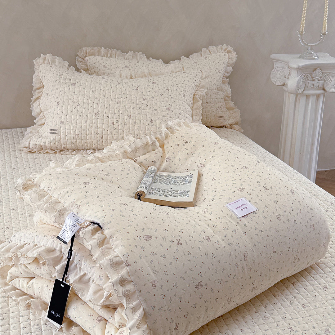 Quilted Floral Ruffled Bedding Set with Eyelet Lace Trim