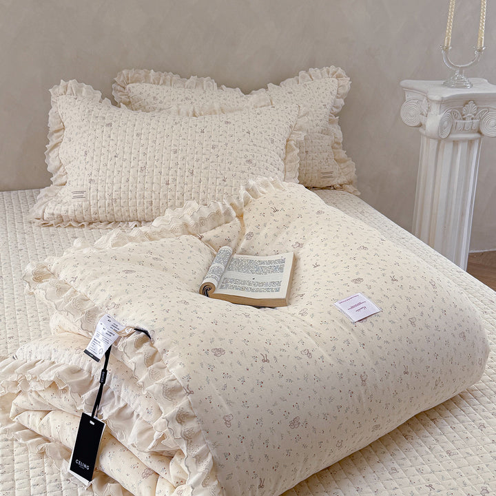 Quilted Floral Ruffled Bedding Set with Eyelet Lace Trim