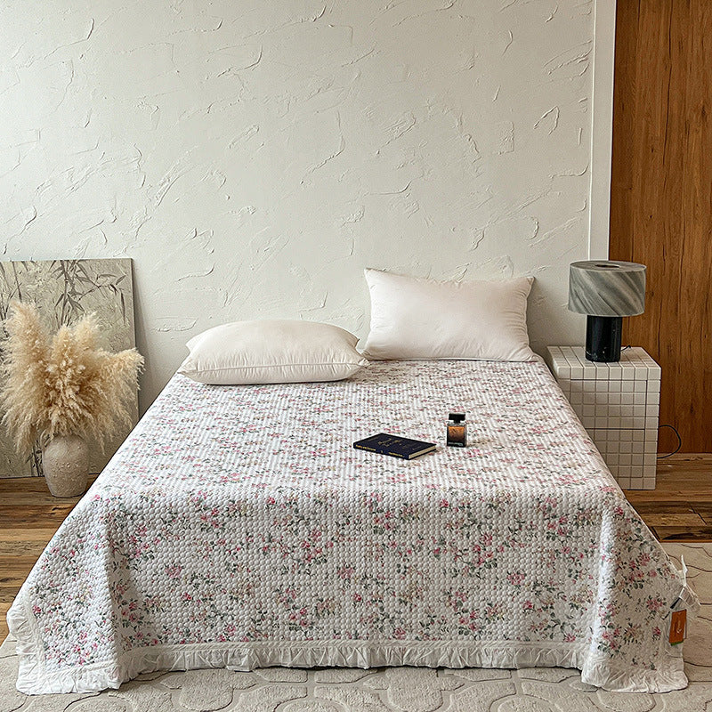 Quilted Bedspread Coverlet with Ruffled Edge and Mini Floral Print