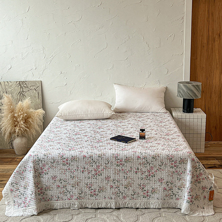 Quilted Bedspread Coverlet with Ruffled Edge and Mini Floral Print