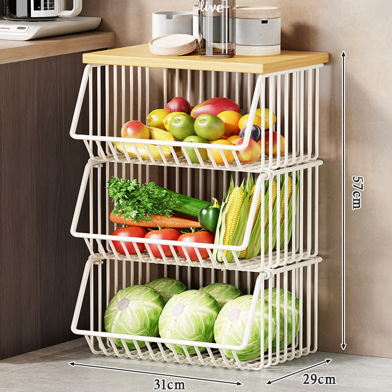 Slim Vertical Multi-Tier Fruit and Vegetable Storage Cart with Wood Top and Locking Casters