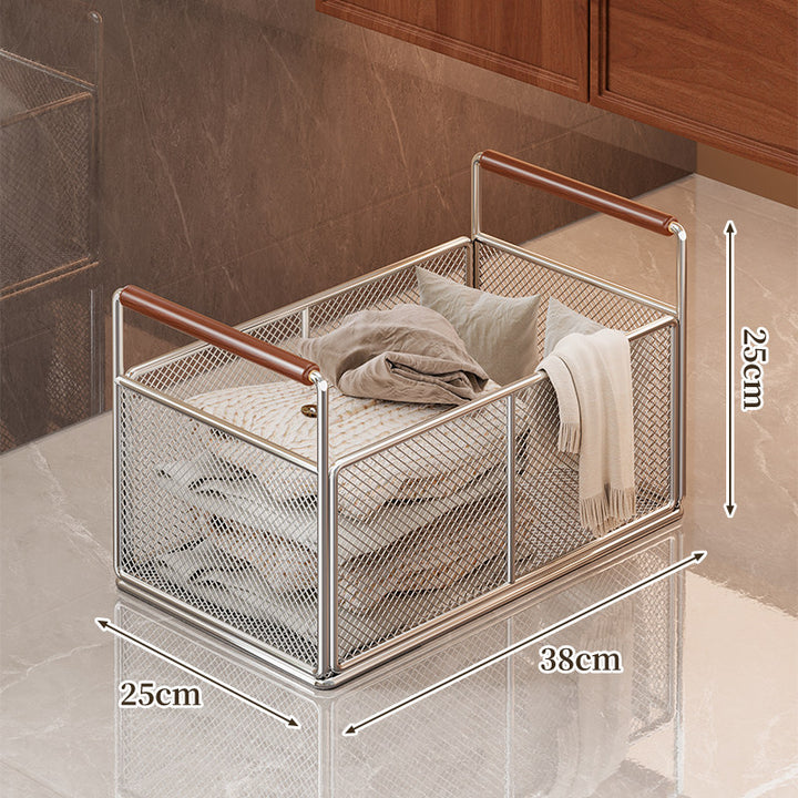 Rectangular Metal Mesh Storage Basket with Dual Wood-Hand Grips