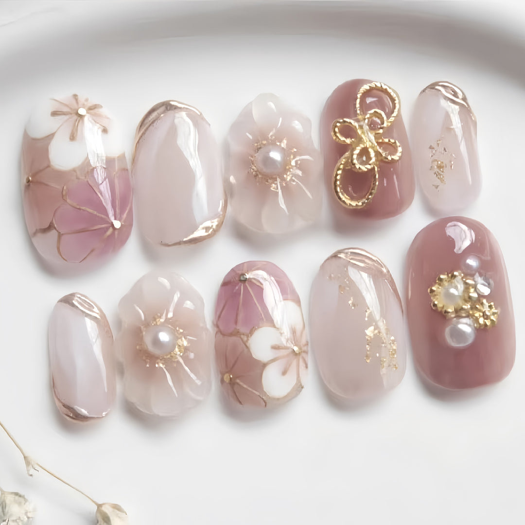 Decorative Press-On Nail Set with Floral and Jewel Accents