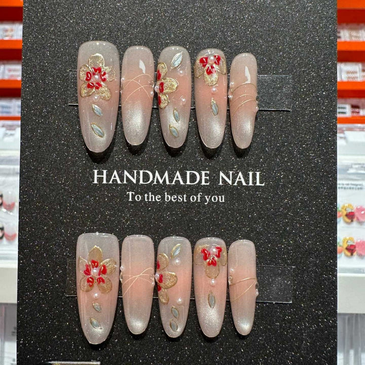 Handmade Floral Press-On Nail Set with 3D Floral and Gem Accents