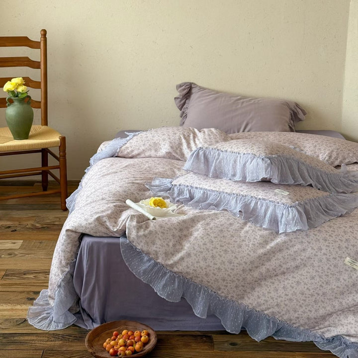 Ruffled-Trim Cotton Sateen Duvet Cover Set with Floral Microprint and Decorative Pillow Shams