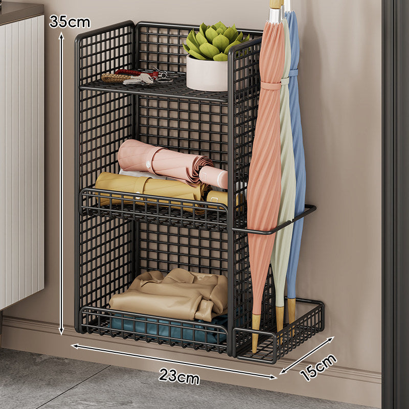Wall-Mounted Mesh Entryway Organizer with Three-Tier Shelves and Side Umbrella Rack