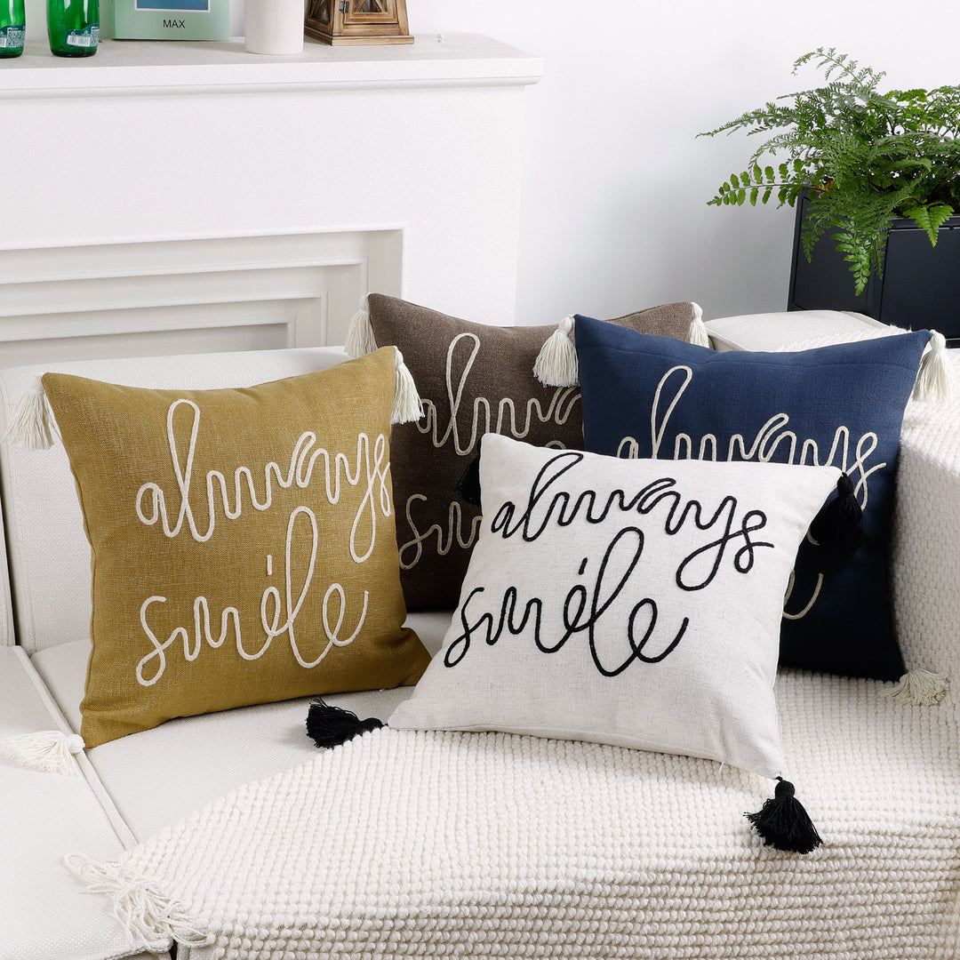 Square Linen-Blend Rope Embroidered Tassel Accent Pillow Cover