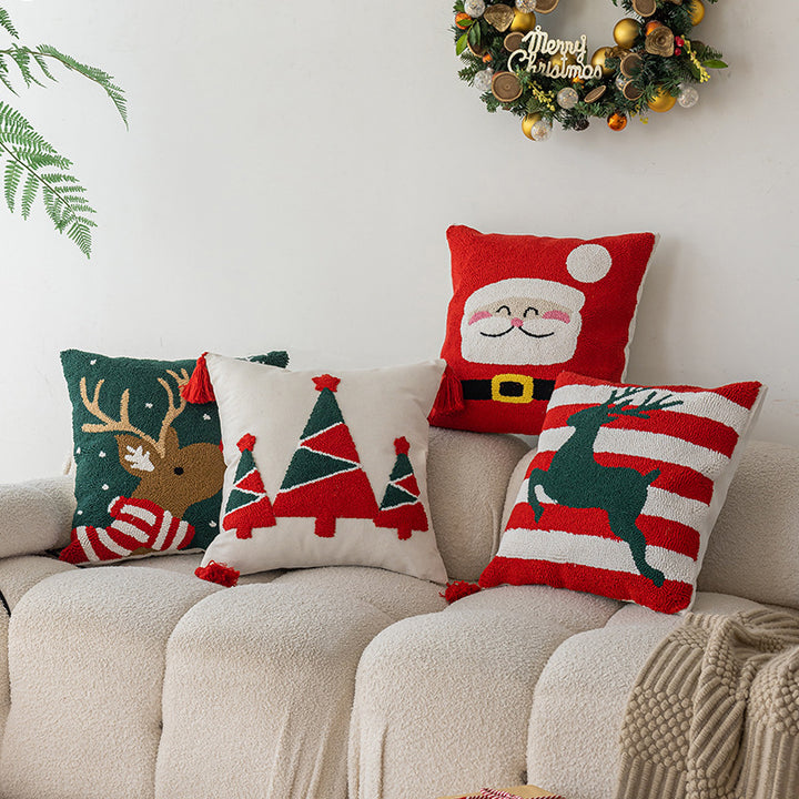 Square Holiday Tufted Cotton Throw Pillow with Tassel Corners and Appliqué Christmas Trees