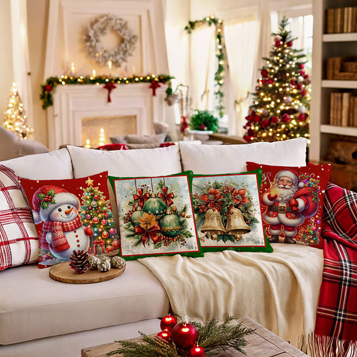 Festive Square Cotton-Linen Throw Pillow Cover with Christmas Snowman and Illuminated Tree Print