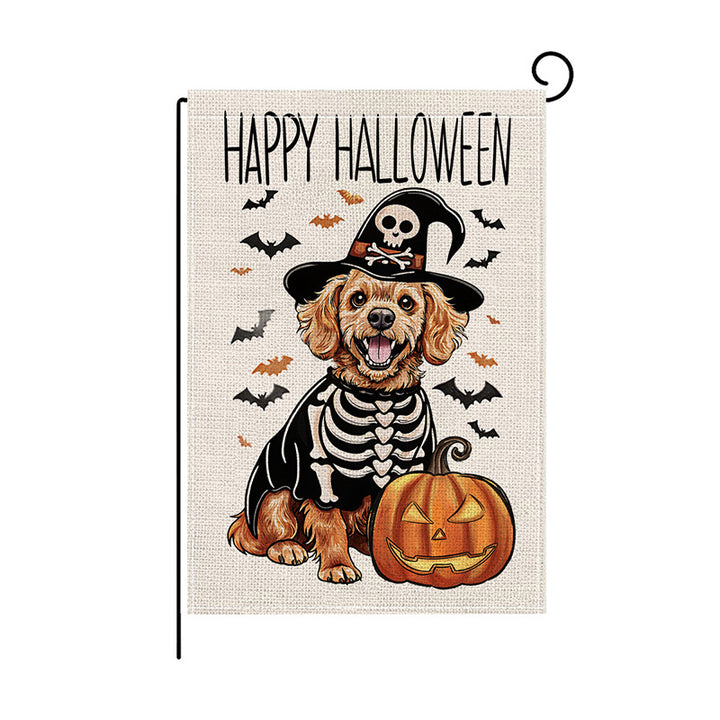 Decorative Double-Sided Halloween Garden Flag with Skeleton Pumpkin and Rose Illustration