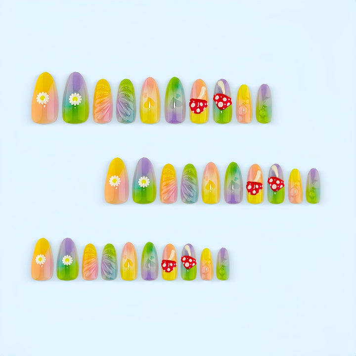 Artificial nails with cheerful flower and mushroom patterns Stornfield