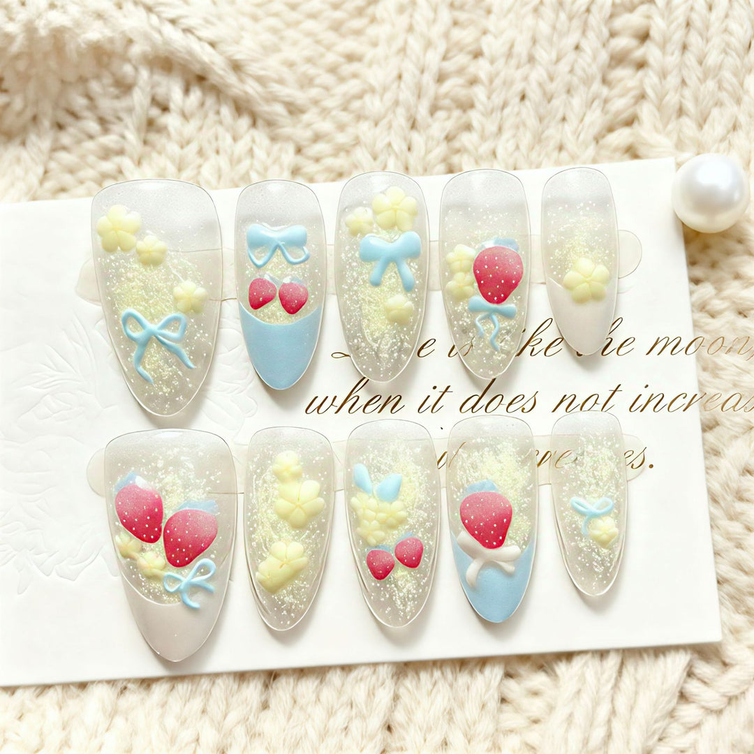 Creative Press-On Nail Art Set with Whimsical Floral Designs