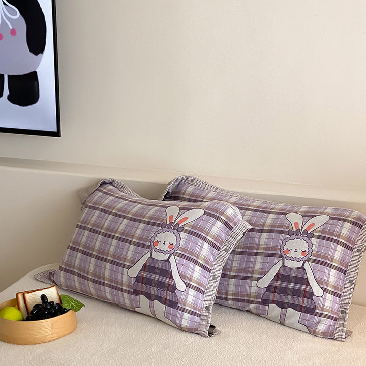 Kids' pillowcases with cute bear applique and checkered muslin look