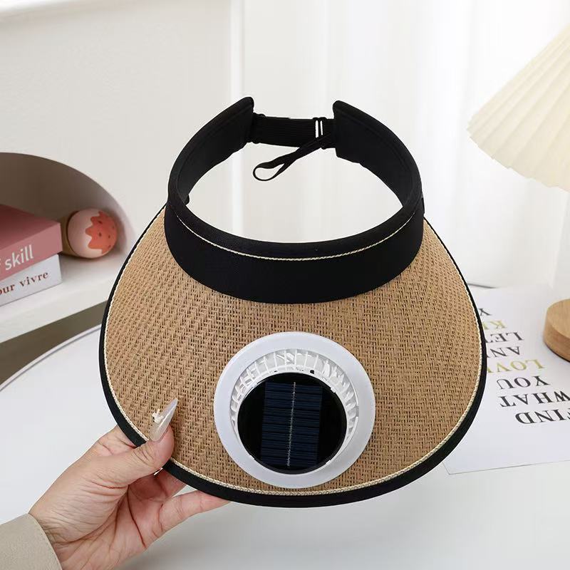 Foldable straw hat visor with integrated solar fan, adjustable neck strap, and breathable sweatband Stornfield