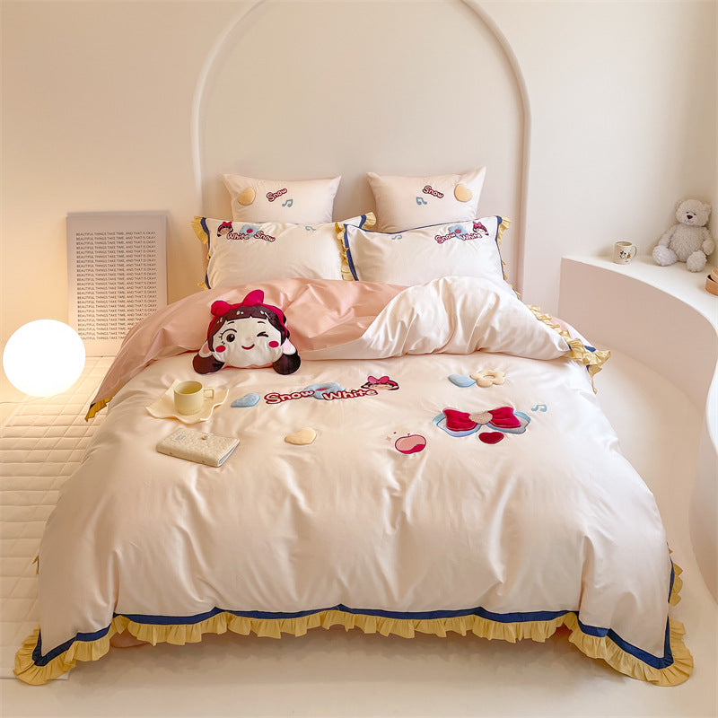 Embroidered Cartoon Rabbit Cotton Sateen Duvet Cover Set with Plush Accent Pillow