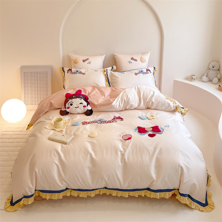 Embroidered Cartoon Rabbit Cotton Sateen Duvet Cover Set with Plush Accent Pillow