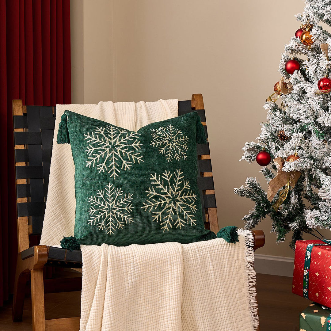 Square Velvet Embroidered Snowflake Pillow Cover with Corner Tassels
