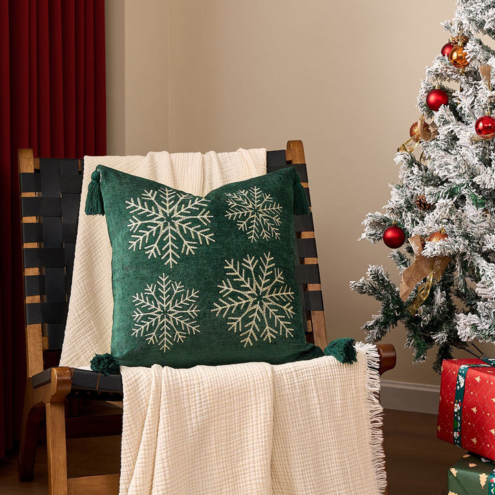 Square Velvet Embroidered Snowflake Pillow Cover with Corner Tassels