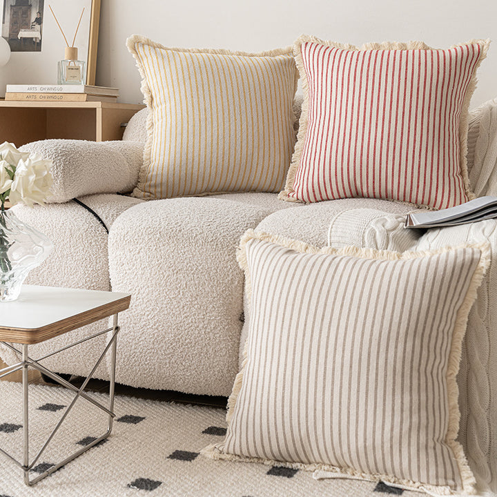 Square Striped Canvas Throw Pillow with Natural Fringe Trim