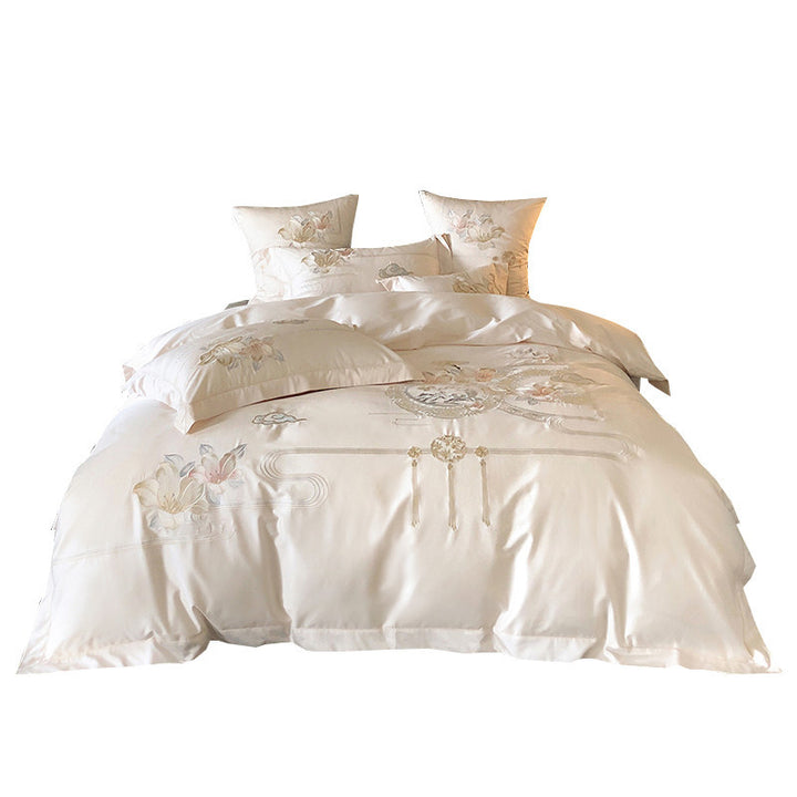 Embroidered Floral & Songbird Luxury Cotton Duvet Cover Set with Decorative Round Cushion