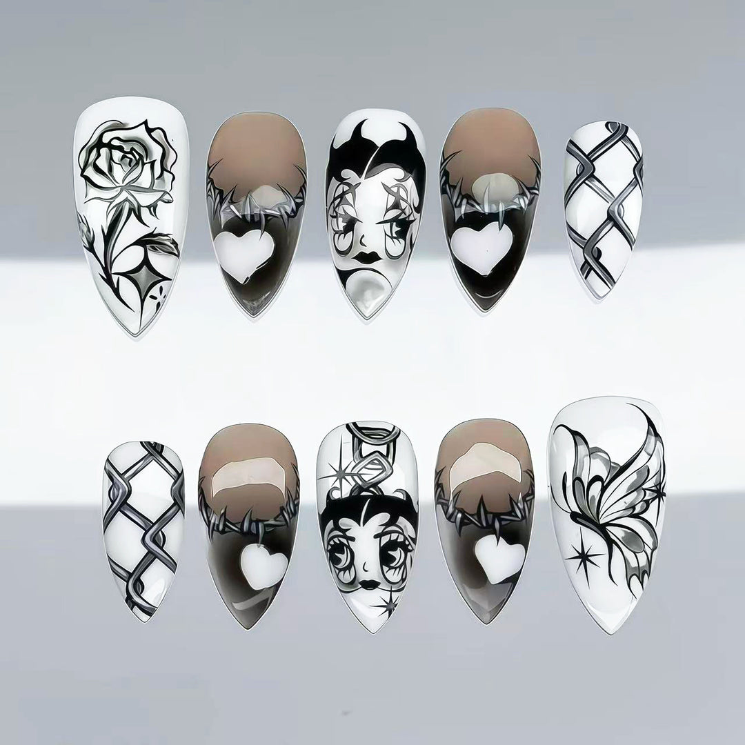 Artistic Press-On Nail Art Set with Unique Graphic Designs