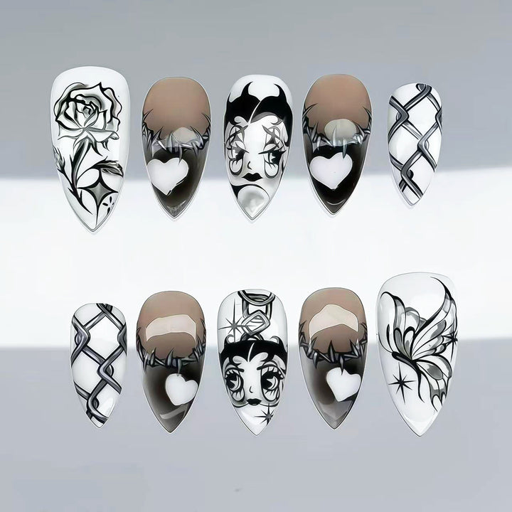 Artistic Press-On Nail Art Set with Unique Graphic Designs