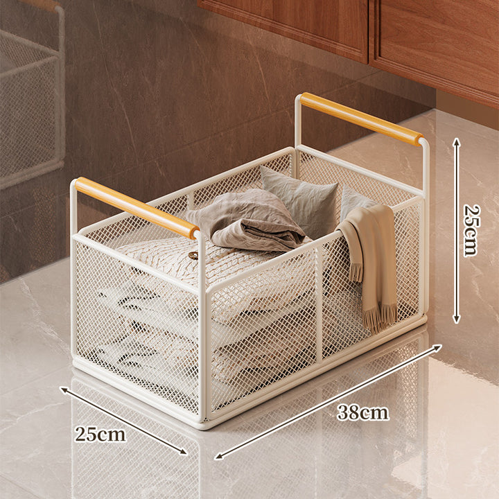 Rectangular Metal Mesh Storage Basket with Dual Wood-Hand Grips
