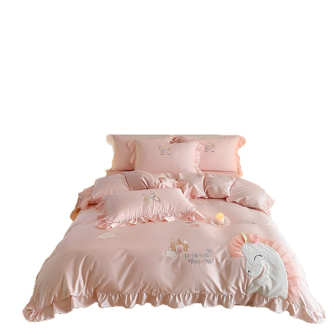 Unicorn Embroidered Ruffle Satin Duvet Cover Set