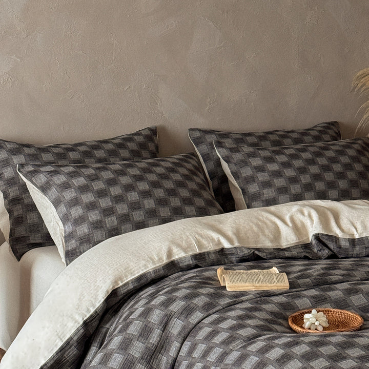 Woven Cotton-Linen Checkered Duvet Cover Set with Reversible Natural Back