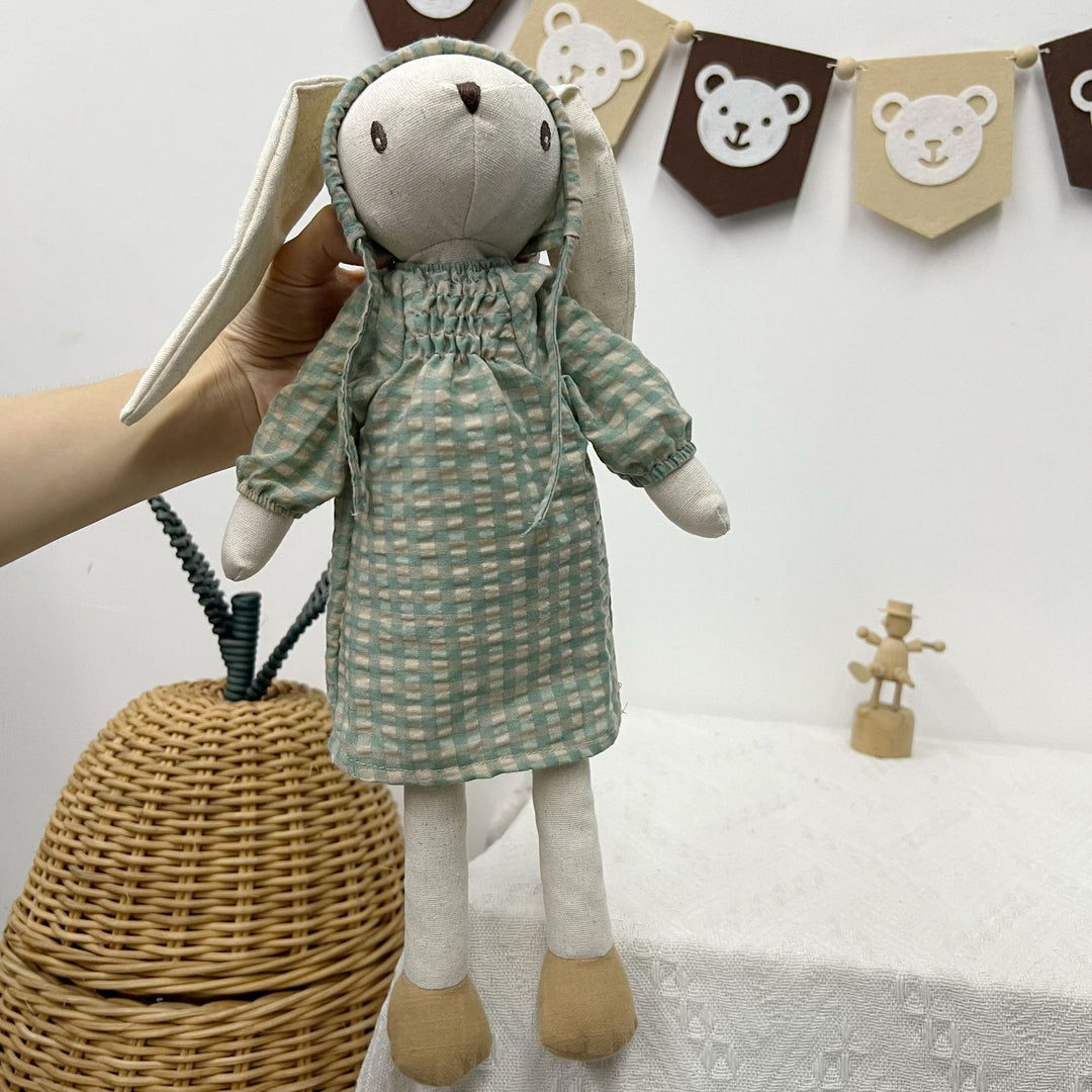 Soft Vintage-Style Long-Eared Fabric Bunny Doll in Checked Overalls