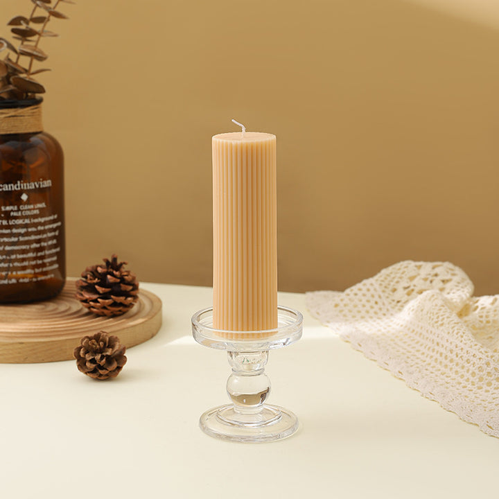 Ribbed Decorative Pillar Candle with Crystal Glass Pedestal Holder