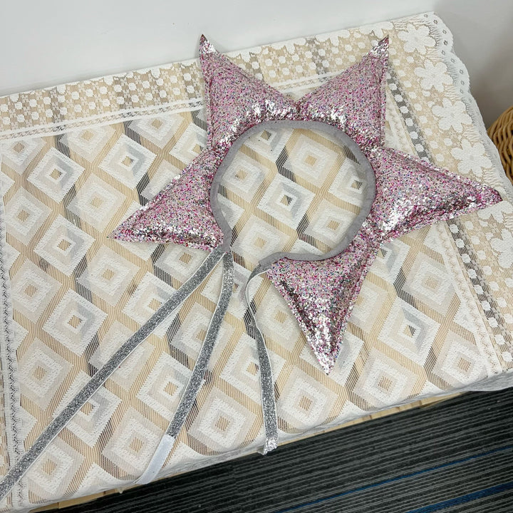Glitter Star Point Headband Crown with Ribbon Ties