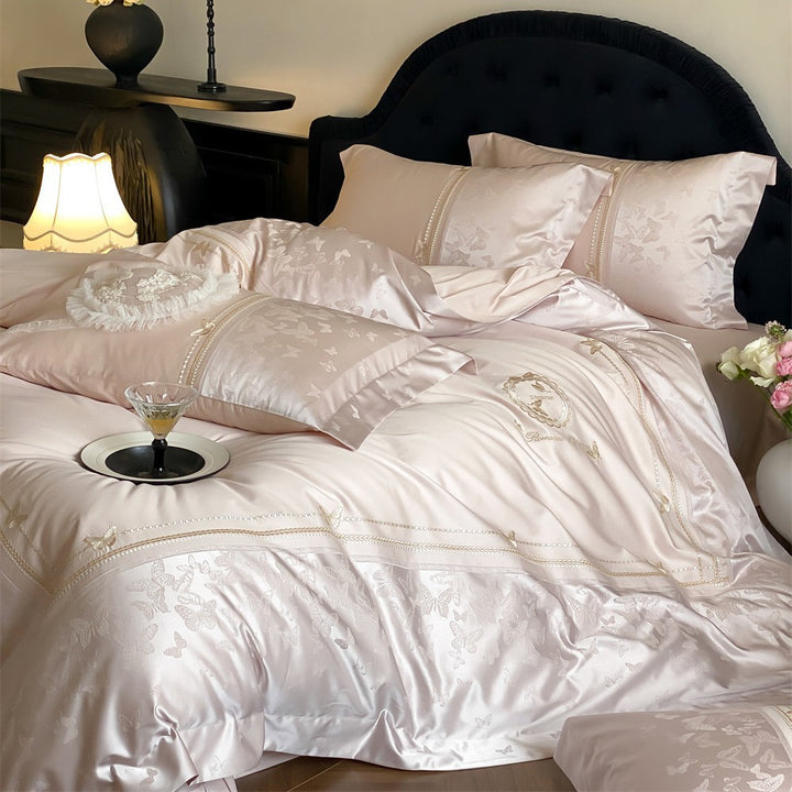 Elegant satin bedding set with pearl border, jacquard floral and butterfly pattern